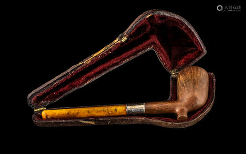 Victorian Pipe with briar wood bowl with silver rim and ambe...