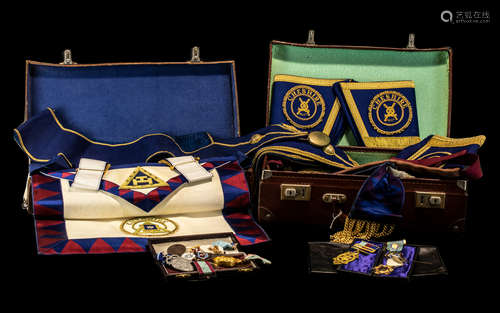 Masonic Interest: Two Cases containing Masonic aprons, cuffs...