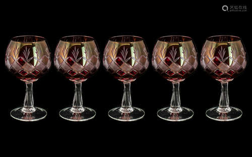 Cranberry Glass - Suite of Five Brandy Glasses, engraved, me...