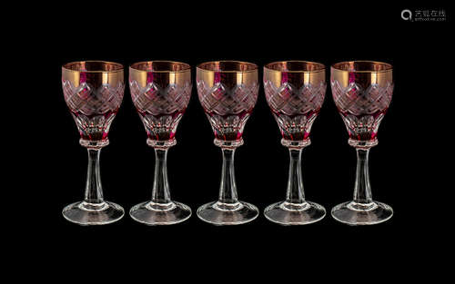 Cranberry Glass - Suite of Five Engraved Sherry Glasses. Bea...