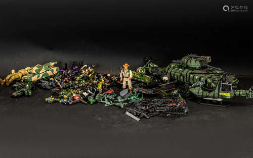 Box of Toy Soldier Figures together with a helicopter, tanks...