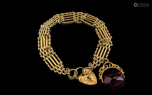 Antique Period 9ct Gold - Fancy 5 Bar Gate Bracelet with Hea...