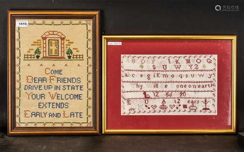 Two Small Framed Samplers one alphabet dated 1890 measuring ...