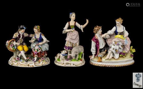 Three German Porcelain Figure Groups, one depicting a shephe...