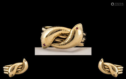 9ct Gold Impressive / Heavy Two Headed Snake Ring, Set with ...