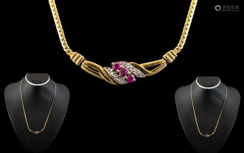 Ladies 9ct Gold Attractive Ruby and Diamond Set Necklace. Fu...