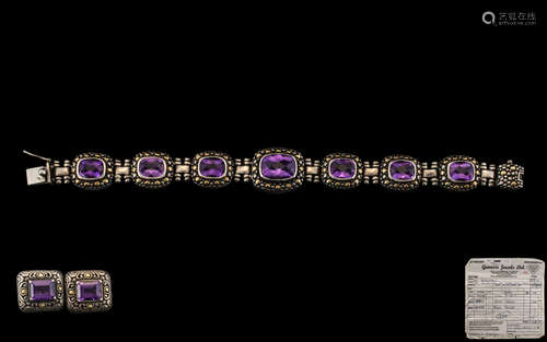 Amethyst Silver and Gold Bracelet with Seven Faceted Matchin...