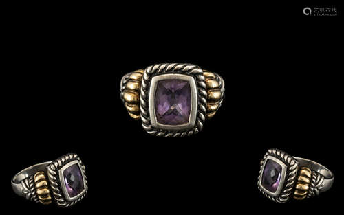 Large Amethyst Ring Set In Silver and Gold Stamped 925 & 18K...