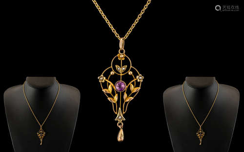 Victorian 9ct Gold Amethyst and Pearl Pendant of delicate fo...