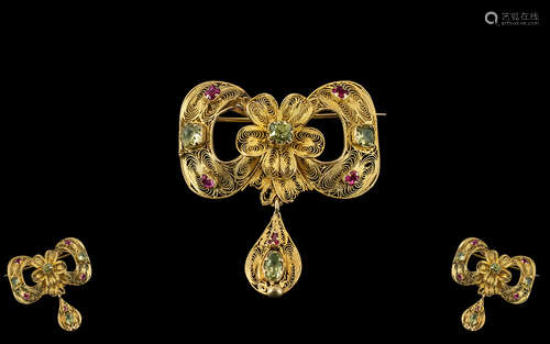 Georgian 18ct Gold Wire-worked Brooch, The Whole with Drop S...