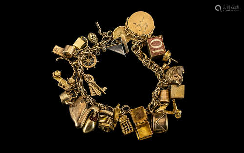 Ladies - Excellent 9ct Gold Charm Bracelet Loaded with 25 9c...