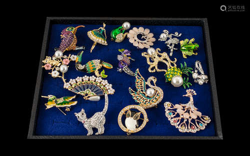 Great Collection of Different Colourful Brooches, Various Su...