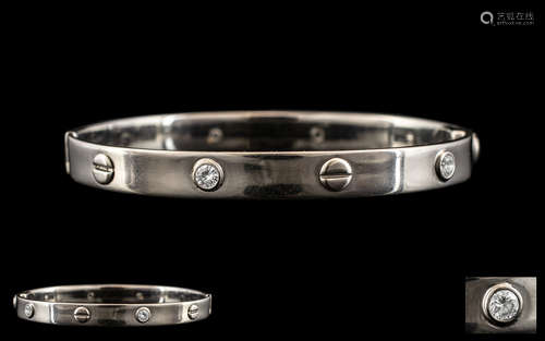 Cartier Style - 18ct White Gold Diamond Set Hinged Bangle. M...