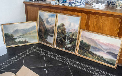 Collection of Four Paintings. all framed, depicting lakes, h...