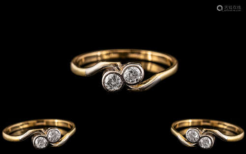 18ct Gold and Platinum - Attractive Two Stone Diamond Set Ri...