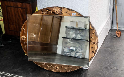 Art Deco Oval Shaped Etched Glass Wall Mirror with peach col...