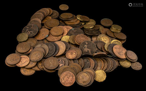 Large Selection of English Copper Pennies, Half Pennies, Thr...