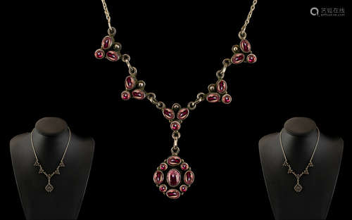 Ladies 1920's Sterling Silver Ornate Necklace Set with Caboc...