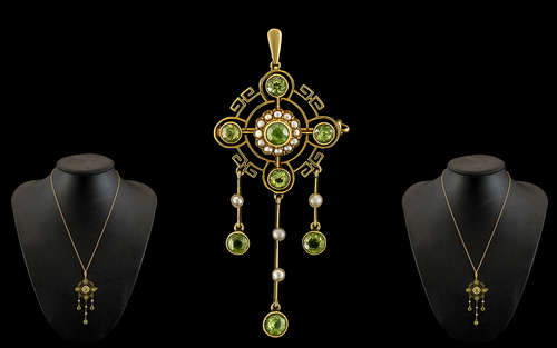 Victorian Period Stunning 15ct Gold Peridot and Seed Pearl S...