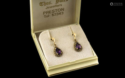 Boxed Set of 9ct Gold Amethyst Drop Earrings, from Thos. Yat...