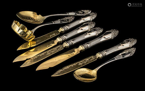 Five French Silver Fruit Knives with embossed hilts and gild...