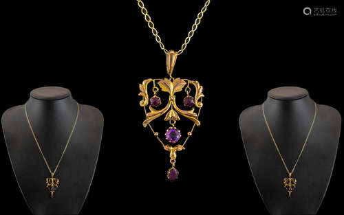 Edwardian Period 9ct Gold Openwork Pendant set with amethyst...