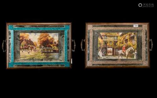 Pair of Walnut Veneer Mirrored Tea Trays, c1930s, with hunti...