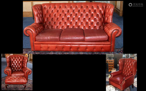 Four Piece Oxblood Button Backed Leather Chesterfield Suite,...