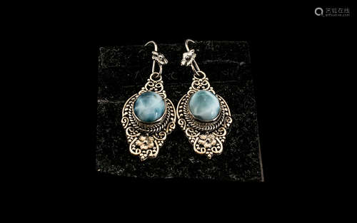 Larimar Long Drop Earrings, two solitaire, oval cabochon cut...