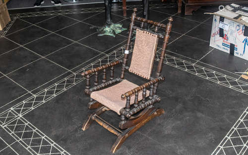 Child's Victorian Oak Rocking Chair, with tapestry fabric se...