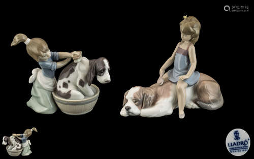 Lladro Pair of Hand Painted Porcelain Figures - Girls Washin...