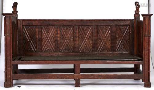 A French oak settle, 19th c, in late medieval style, with li...