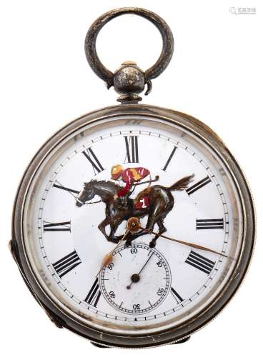 A Victorian silver lever watch, dial later painted with hors...