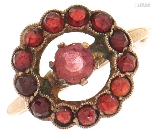 A garnet and paste ring, in gold marked 10k, 2.2g, size O