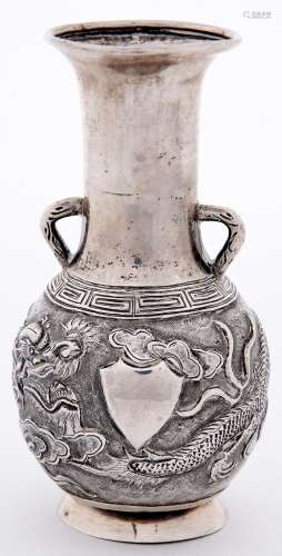 A Chinese silver repousse dragon vase, late 19th c, the plai...