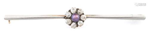 A diamond and black cultured pearl bar brooch, diamonds 0.55...