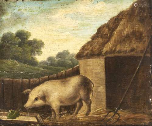 English Naive Artist, 19th c - Pig by a Rake before a Thatch...