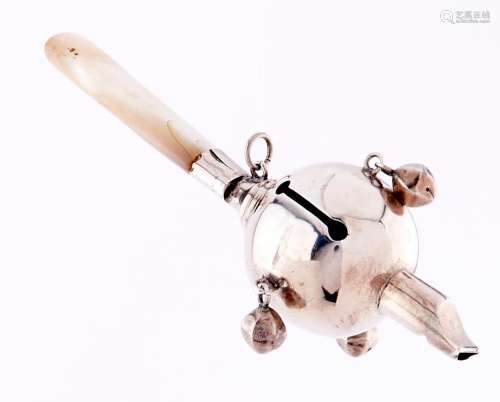 A silver baby's rattle-whistle mother of pearl teether, 13.5...