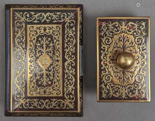 A Victorian brass mounted Boulle book shaped note pad and a ...