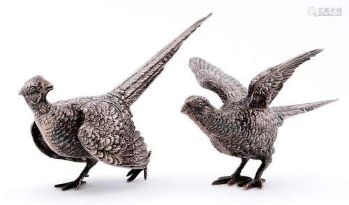 A pair of Elizabeth II silver pheasant table ornaments, 15 a...