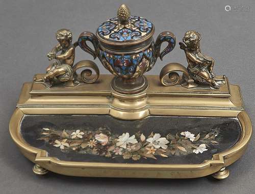 A French gilt brass champleve enamel and pietre dure inset i...