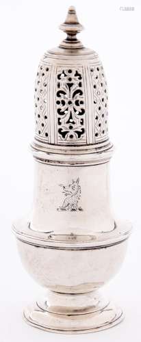 A George II silver pepper caster and cover, crested, 12cm h,...
