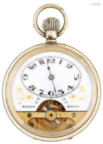 A Swiss nickel plated keyless Hebdomas watch, with enamel di...
