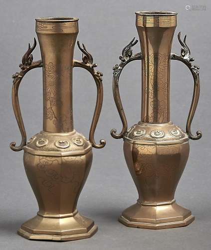 A pair of Chinese brass vases, third quarter 19th c, the tal...