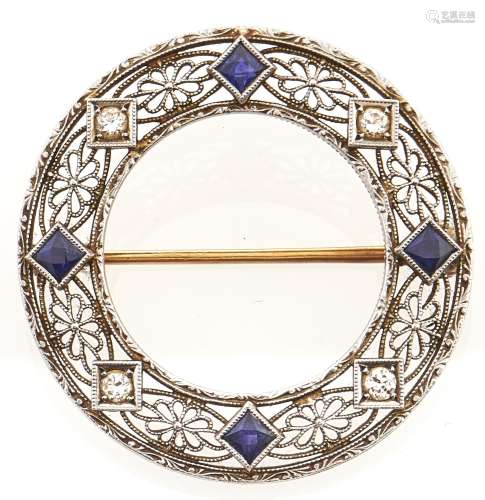 A diamond and sapphire brooch, in gold marked 14k, 5g