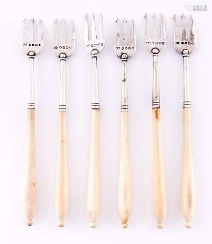 Six Victorian silver pickle forks, bone hafted, four by Chaw...