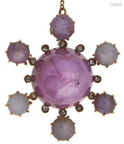 A Victorian star sapphire, ruby and diamond brooch, in gold,...