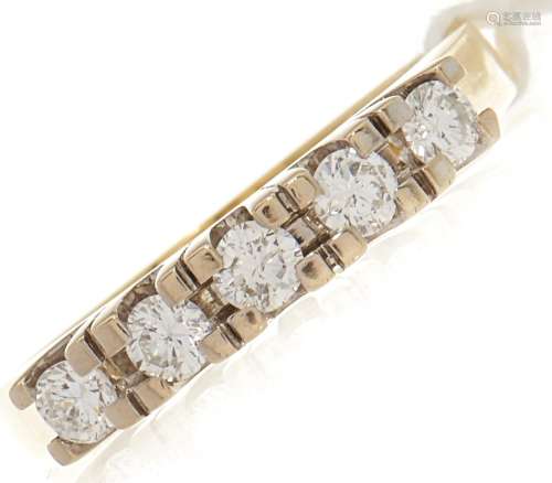 A five stone diamond ring, in gold marked 585, 0.4ct approx....