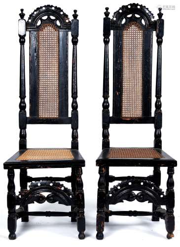 A pair of Queen Anne walnut high back caned chairs, c1700, w...