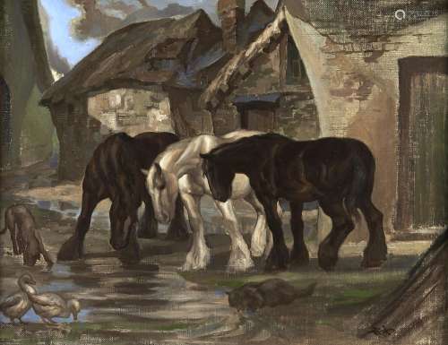 20th c School - Three Shire Horses in a Farmyard, indistinct...
